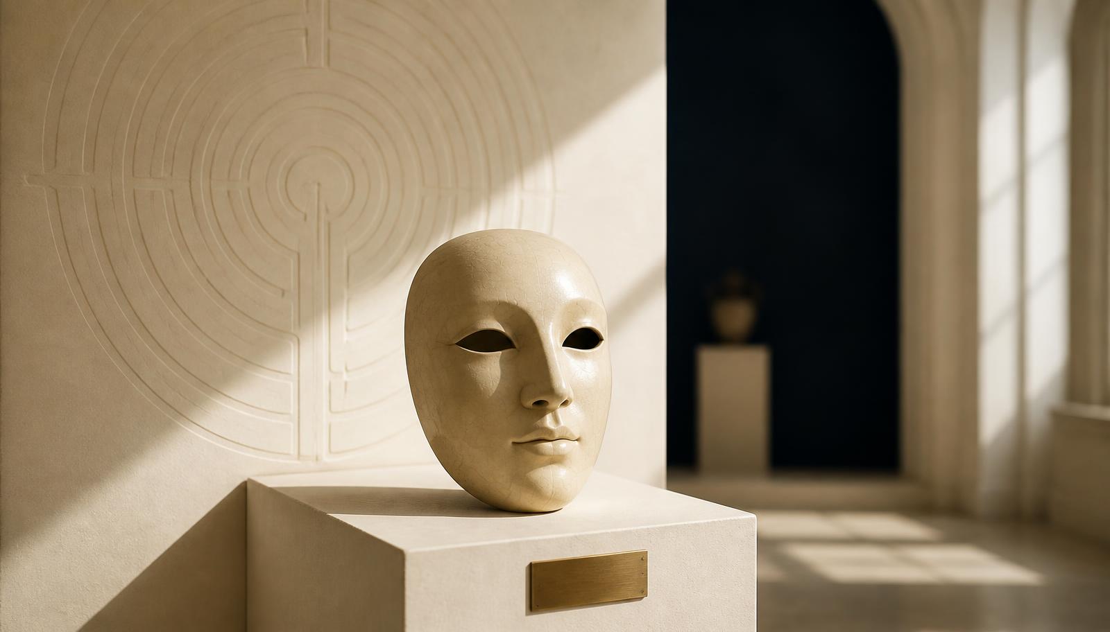 A pale ceramic mask on a plinth in a sunlit gallery