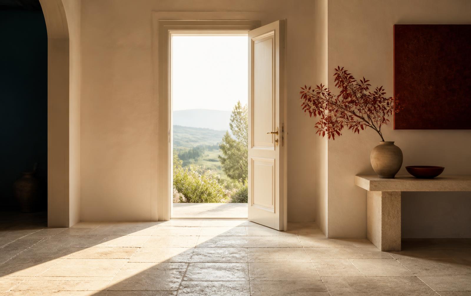 Morning light falling across an open doorway onto pale stone